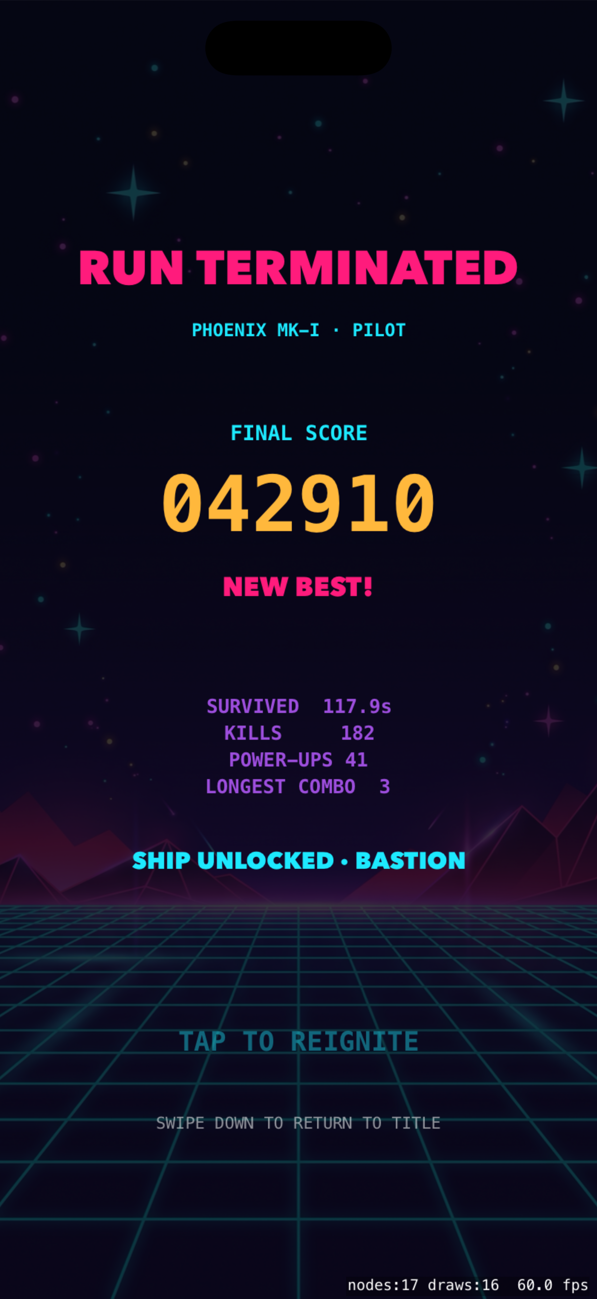 Pantalla de Game Over mostrando nuevo récord personal