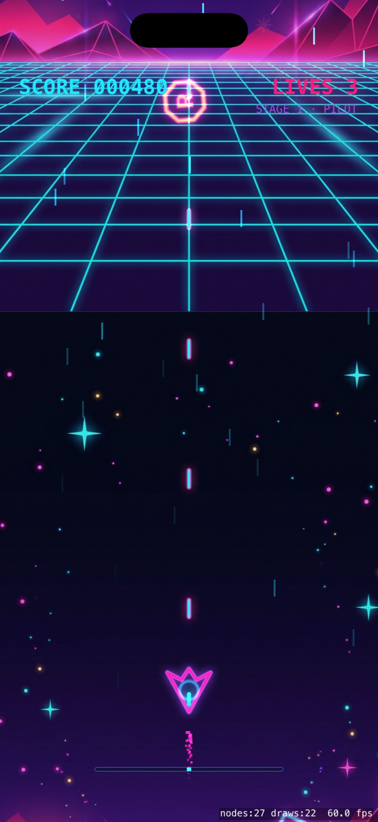 Gameplay en un bioma synthwave con enemigos y power-ups