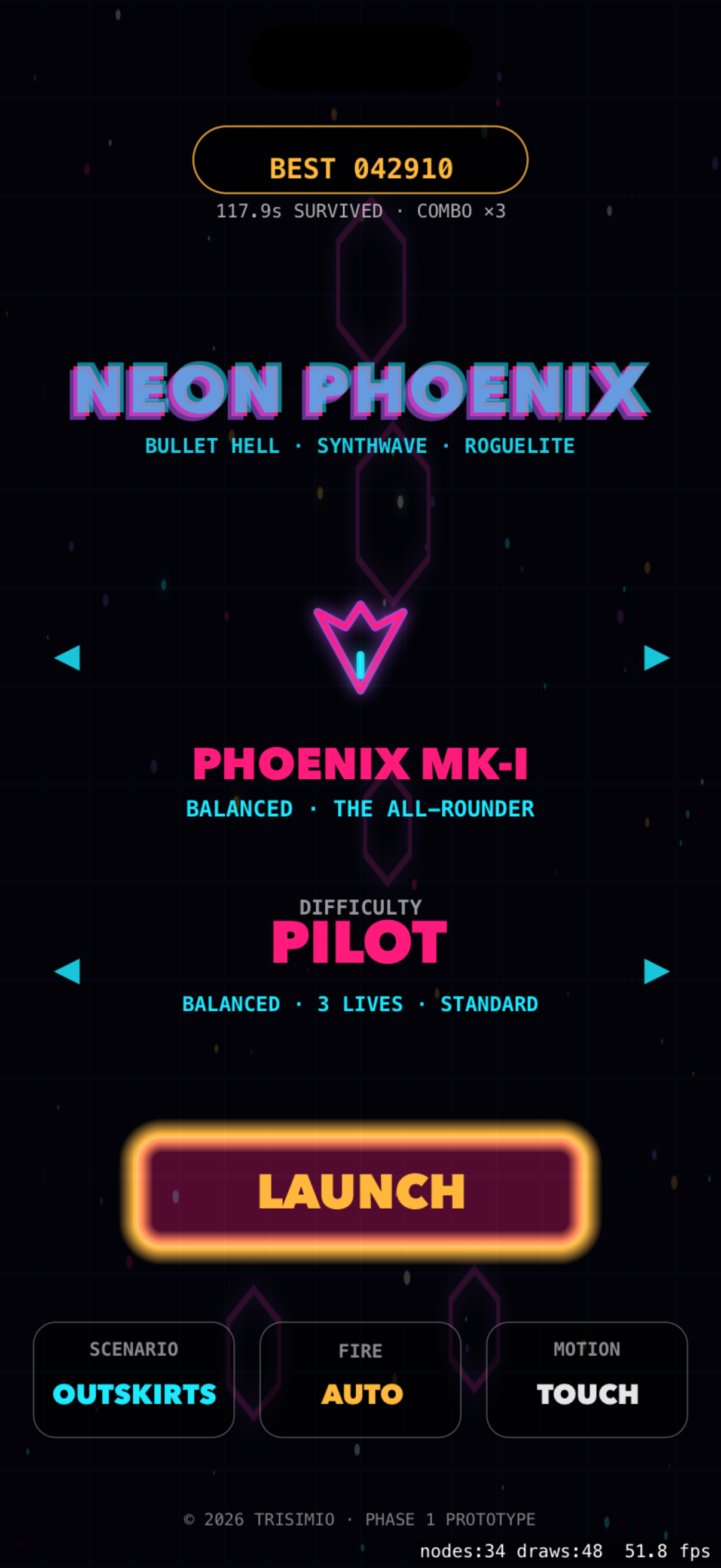 Pantalla de título de Neon Phoenix con el logo neón